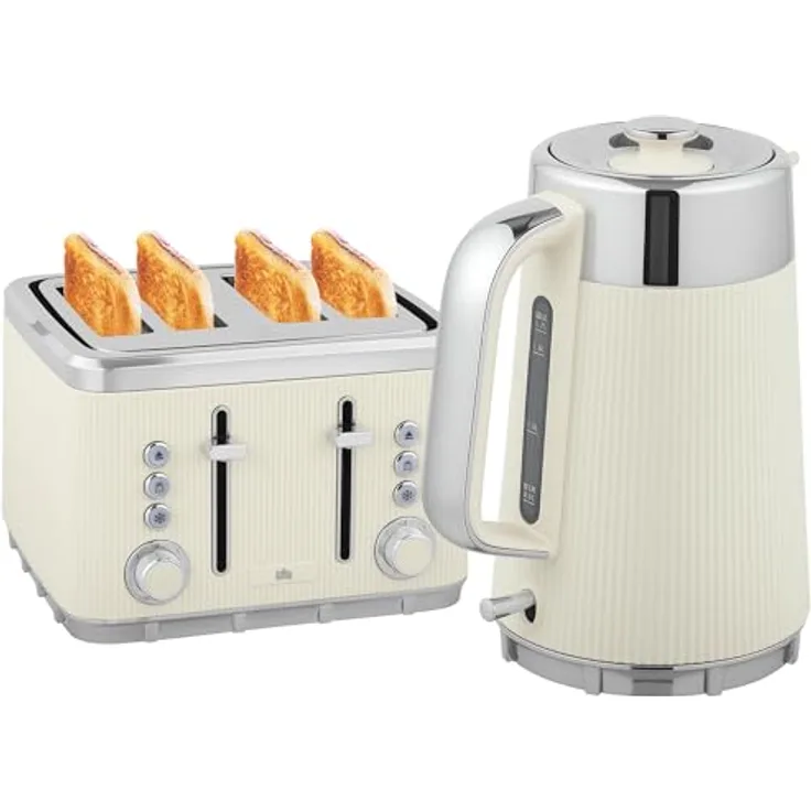 HOMCOM Wasserkocher Toaster Set, 1,7L Wasserkocher mit Thermostat und 4-Scheiben-Toaster in Cremeweiß und Silber, 7 Bräunungsstufen, automatische Abschaltung