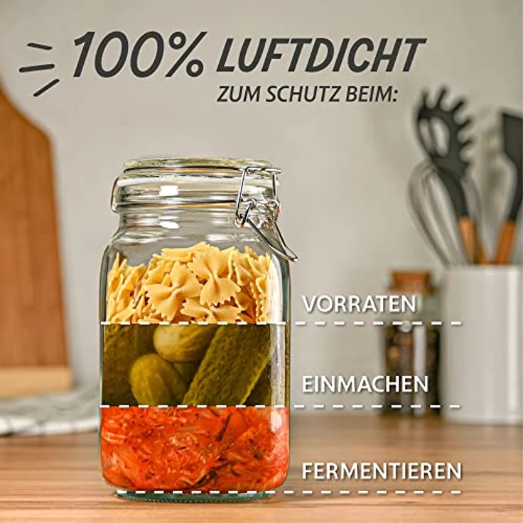 Niboline 4 Einmachgläser mit Bügelverschluss 1,5l - Luftdicht & langlebig - Mit Etiketten, Stift und extra Silikondichtungen - Spülmaschinenfest – Bild 6