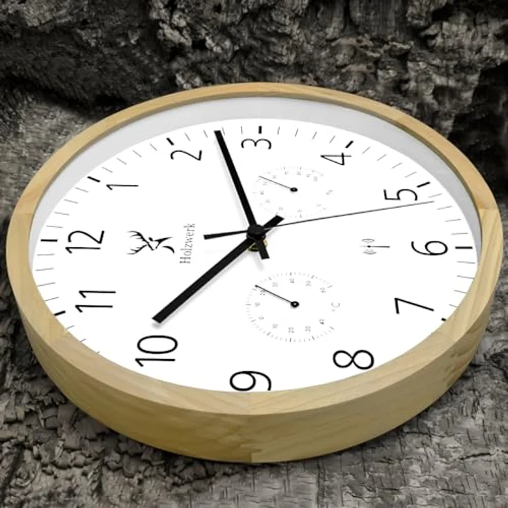 Holzwerk MEERSBURG Funkwanduhr, Holz-Wanduhr mit Temperaturanzeige und Hygrometer, lautloses Uhrwerk, Buche Weiß, 30 cm – Bild 2
