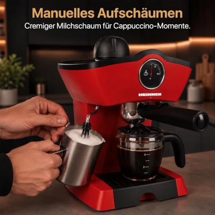 Heinner HEM-200RD, Espressomaschine mit 800 W, 0,25 l Wassertank, Edelstahlfilter und Glaskanne, Rot – Bild 9