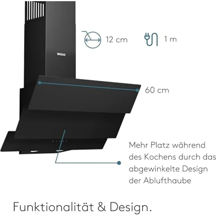 Wiggo B643 Dunstabzugshaube 60cm kopffrei I Abluft Umluft Dunstabzug 615m³/h - Touch-Display 4 Stufen I Energieeffizienzklasse B Schräghaube inkl. 2x Kohlefilter I Abzugshaube Glasfront schwarz – Bild 5