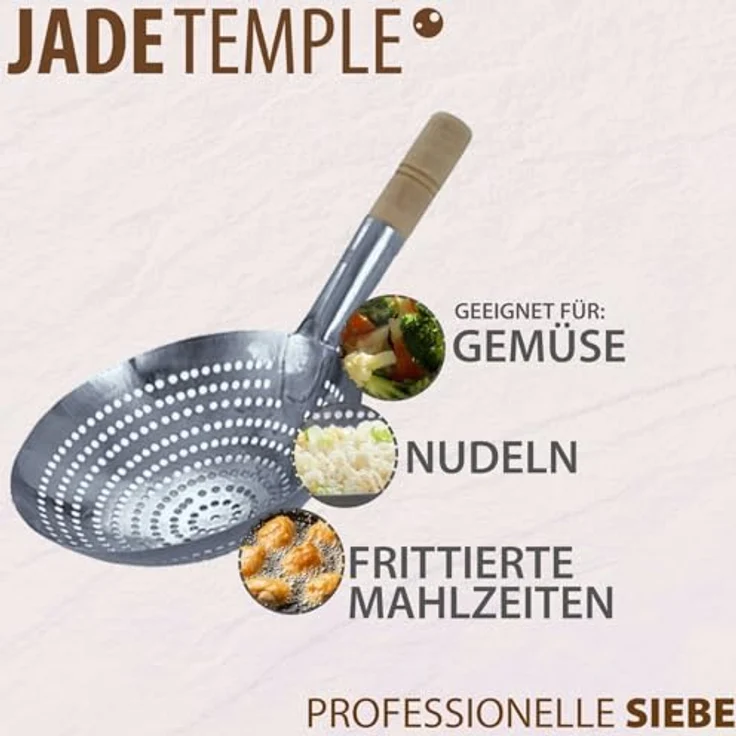 JADE TEMPLE 17282 Wok Sieb Metallsieb Abtropfsieb mit Holzgriff, Edelstahl,silber 10 x 1 x 30 cm – Bild 5