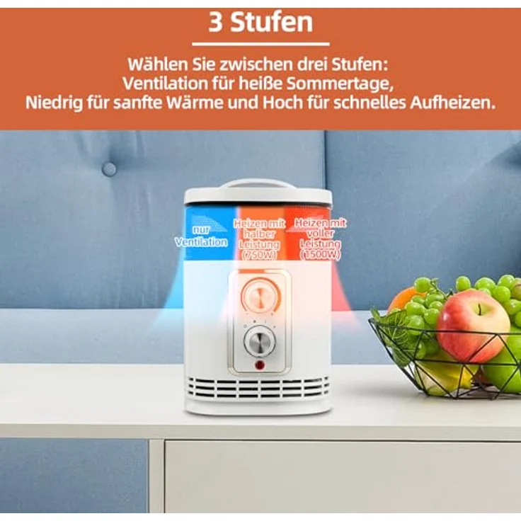 SHX Energiesparender Heizlüfter, Leiser Betrieb | 1500W Elektrischer PTC Keramik | Thermostat, Überhitzungs- & Kippschutz, Timer | Elektroheizung für Räume Schlafzimmer | Weiß/Schwarz – Bild 5