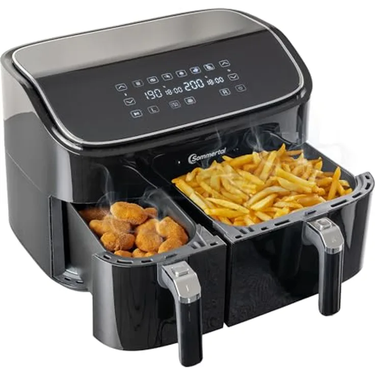 Sommertal Heißluftfritteuse HF DUAL 900, 9 Liter XXL Airfryer & Dörrgerät mit Doppelkammer, 2850W, Digitales Touch Display, 3D Umluftsystem, Vorheizen, Synchronisierungsfunktion