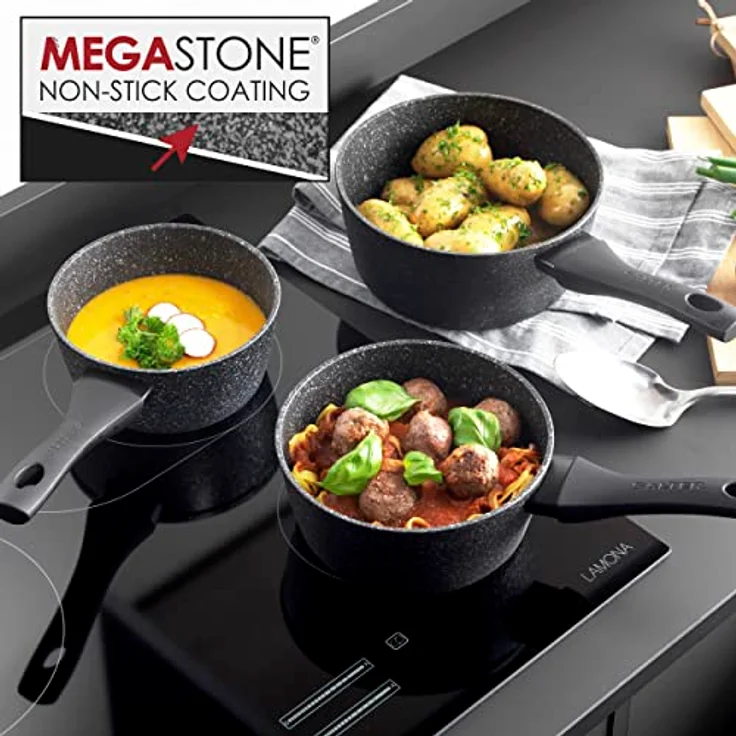 Salter BW05751S 3-teiliges Kochtopf-Set - Megastone Antihaft Topf-Set mit Hartglas Deckel und Dampfdüsen, 16cm/1.5L, 18cm/1.8L, 20cm/2.4L, Metallutensilien, induktions und Spülmaschinenfest, PFOA-frei – Bild 3