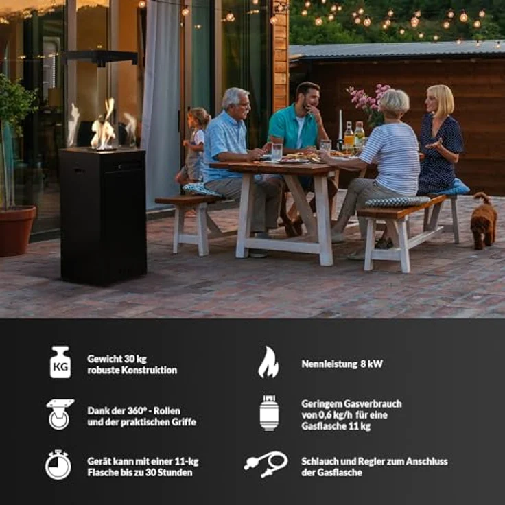 KRATKI Patio Light - Terrassenheizer Gas 8,2 kW - Set mit Reduzierstück - Heizstrahler Terrasse - Heizpilz für Garden - Gartenkamin - Deko Terrasse Outdoor, Schwarz – Bild 2