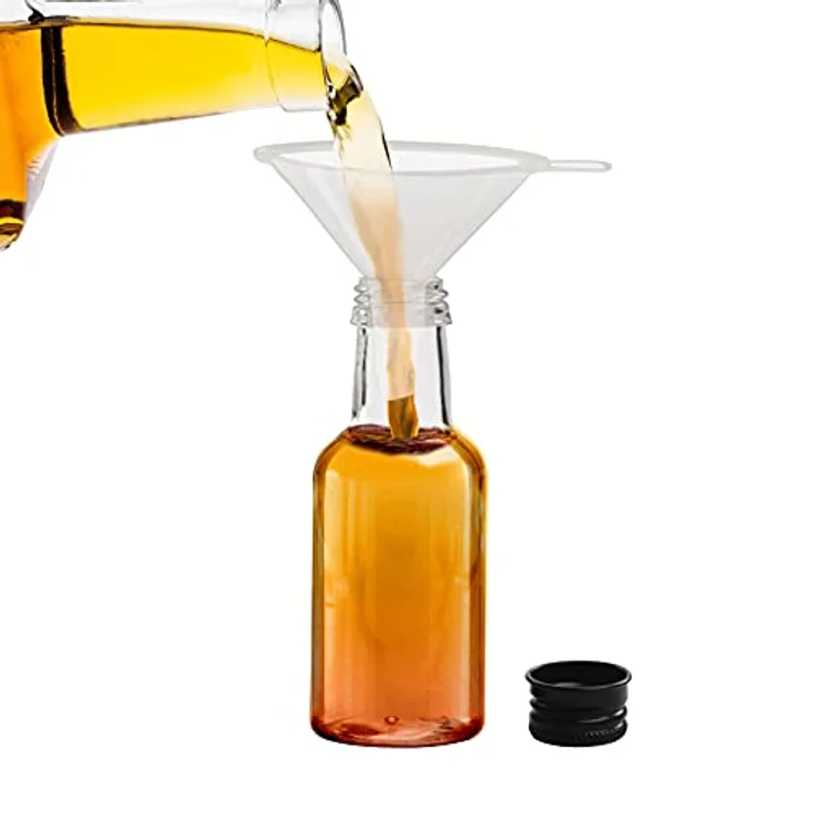 BELLE VOUS Kleine Schnapsflaschen (48er Pack) - 25ml - Wiederverwendbare Kleine Flaschen zum Befüllen aus Kunststoff mit Schwarzem Schraubverschluss, Flüssigkeitstrichter zum Ausgießen & Befüllen – Bild 4