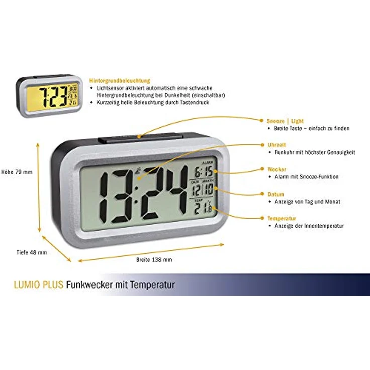 TFA Dostmann Lumio Digitaler Funk Wecker, 60.2553.01, mit Funkuhr, Temperaturanzeige, automatische Hintergrundbeleuchtung, Datumsanzeige, Schlummerfunktion, großes Display, 13,8cm lang, schwarz-silber – Bild 3