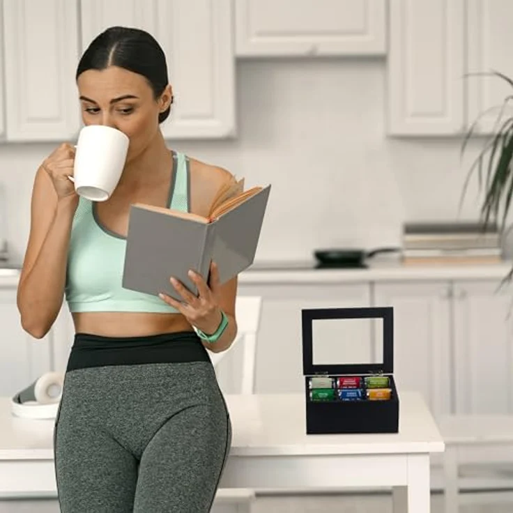 relaxdays Teebox schwarze Teebox aus Bambus, 6 Fächer für Teebeutel, staubgeschützt mit transparentem Fenster – Bild 3