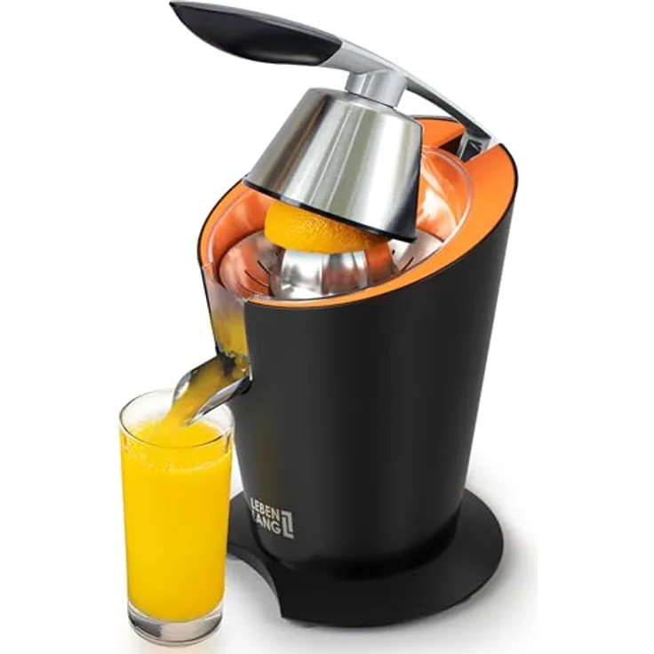 LEBENLANG Orangenpresse elektrische Edelstahl 600W - Hohe Saftausbeute für Orangen & Zitronen - BPA-Frei - Matt Schwarz