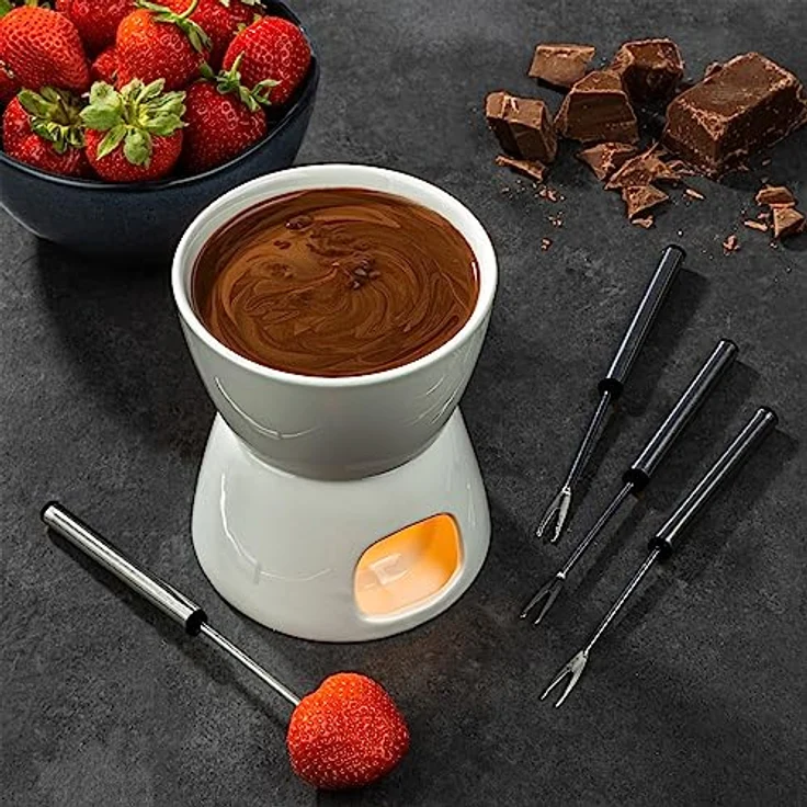 Haushalt International HI Schokoladen-Fondue-Set, Schoko- und Käsefondue mit 4 Edelstahl-Gabeln, elegante weiße Farbe – Bild 2