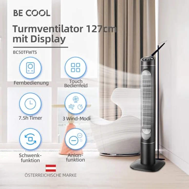 Be Cool Turmventilator, 85W mit LED-Display, schwenkbar, Timerfunktion und Negativ-Ionen-Reinigung – Bild 2