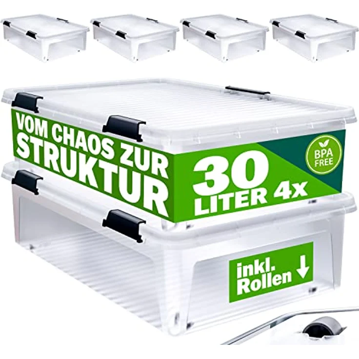 Deuba® Aufbewahrungsboxen 4 x 30l mit Deckel und Rollen, stapelbar, transparent Kunststoff BPA-frei Klickverschluss, RB60 für Büro, Garage, Waschraum – Bild 1
