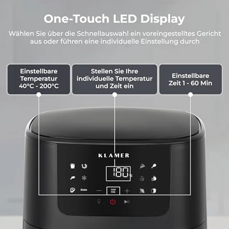 KLAMER Heißluftfritteuse 5l XL, Ölfreier 1500W Airfryer mit LED-Touchscreen und deutschem Rezeptbuch, spülmaschinenfester Korb - Weiß – Bild 4