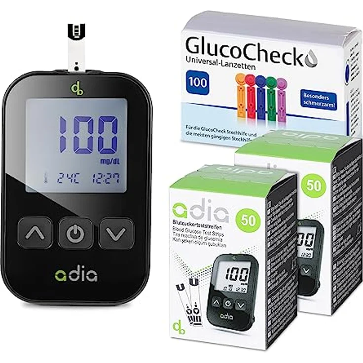 adia Blutzuckermessgerät (mg/dl) + 110 Blutzuckerteststreifen + 110 Universal-Lanzetten, Stechhilfe: Maxi-Sparset zur Blutzucker-Selbstkontrolle bei Diabetes – Bild 1