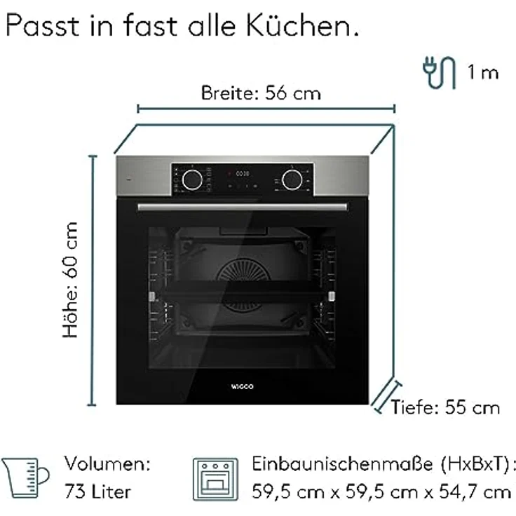 **Wiggo WO-BFA610 Einbau-Backofen inox 60 cm 73 l Airfryer Ober- & Unterhitze Heißluft Grillen Auftauen 4 Bleche Konfektion** – Bild 3