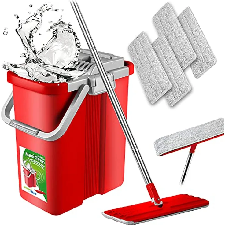 Green Blue Flach-Mopp und 2 in 1 Eimer 8L Wischmop Set Wischmop Bodenwischer Mopp Mop Reinigungssystem Reiniger (Flach-Mopp und Eimer Set + 4X Ersatzbezüge)