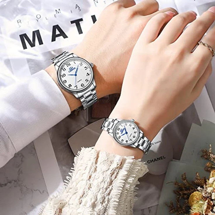JewelryWe Paar Uhren Analog Quarz, 30M wasserdicht, Edelstahlarmband, klassisches Design mit digitalem Zifferblatt, weiß – Bild 2