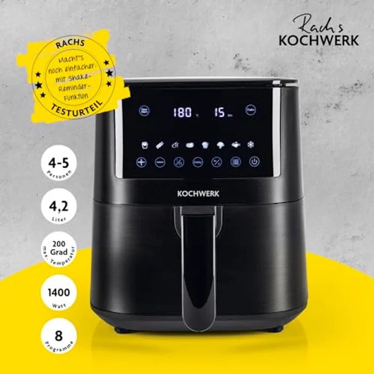 Rachs KOCHWERK Digitale Heißluftfritteuse 4,2L | Airfryer mit Touchscreen für fettarmes Garen, Grillen oder Backen ohne Öl | Erinnerungsfunktion zum Wenden | Leichte Reinigung | 1400W – Bild 2