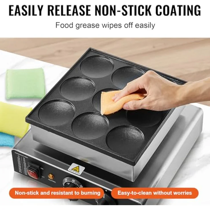 VEVOR Pancake-Maker Mini-Pfannkuchenmaker, 9 Stk., 850 W, Temperatur- und Zeitregelung, Edelstahl, Silber – Bild 4