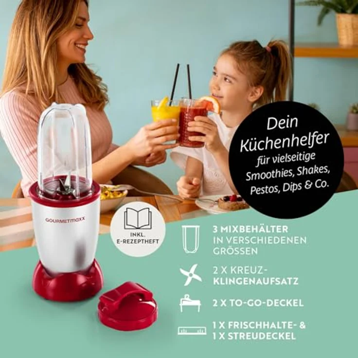 GOURMETmaxx Mr. Magic Power Pro Mixer 400 Watt, Standmixer mit 3 Mixbechern, To-go Deckel und Frischhaltedeckel, Zubehörset L für Shakes und Smoothies – Bild 3
