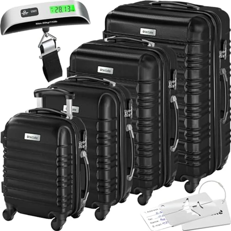 tectake®, 4tlg. Hartschalenkoffer Set, Reisekoffer Set mit Rollen, Hartschale aus ABS, Koffer Set mit Teleskopgriff und Schloss, inkl. Kofferwaage und Kofferanhänge, Trolley Größen S-M-L-XL - schwarz