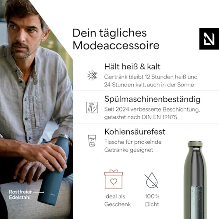 LARS NYSØM Edelstahl Trinkflasche „Ren“, 500ml, auslaufsichere Thermosflasche für kohlensäurehaltige Getränke, doppelt isoliert, sage green – Bild 2