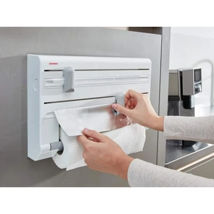 Leifheit Wandrollenhalter Parat ComfortLine-Serie für 3 Rollen, saubere Schnittkanten durch praktischen Schneidabroller, Küchenrollenhalter mit Folienschneider sorgt für griffbereite Folien-Enden – Bild 5