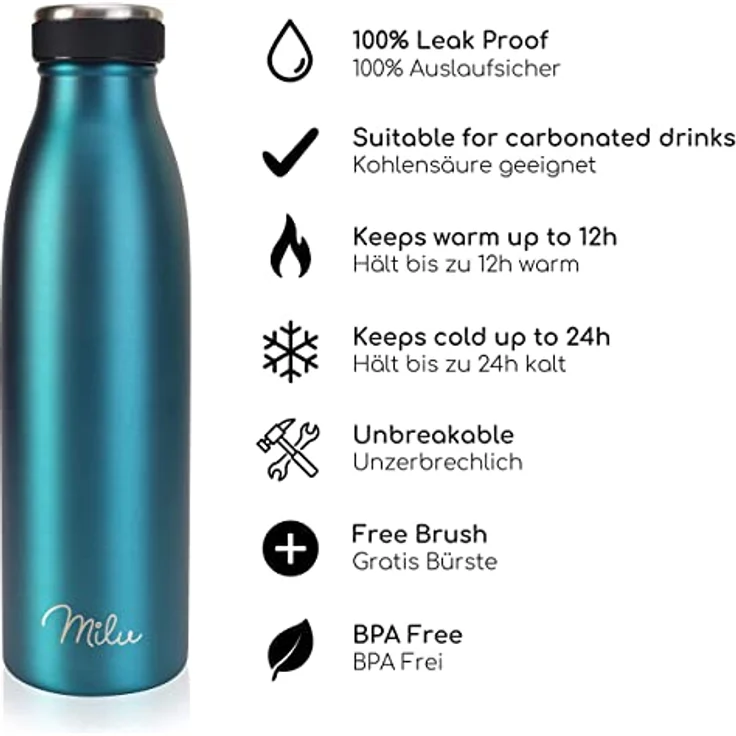 Milu Thermoflasche 350ml 500ml 750ml 1L 1,5L Isolierte Edelstahl Trinkflasche Thermoskanne Auslaufsichere Isolierflasche doppelwandig für heiße und kalte Getränke, Kohlensäure geeignet (Grün, 1L) – Bild 2