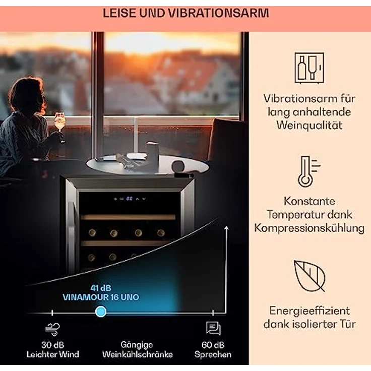 Klarstein Vinamour 16 Uno Weinkühlschrank, freistehend, silber, 16 Flaschen, Energieklasse G – Bild 5