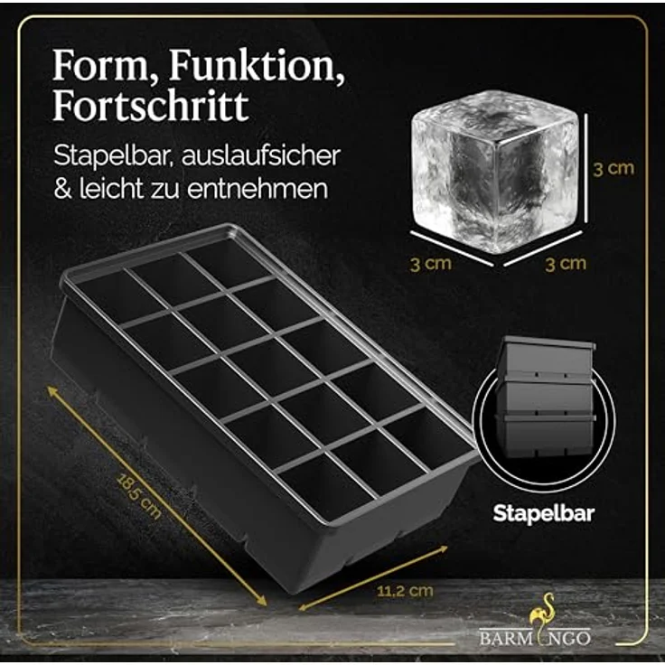 BARMINGO Silikon Eiswürfelform XXL (3er Set) – BPA-frei, auslaufsicher und spülmaschinenfest, große Eiswürfel (3×3 cm), schwarz – Bild 3