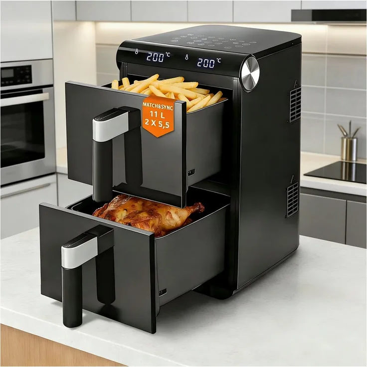 ZMH Heißluftfritteuse XXL Dual Zone 11L, 2800W, 2 x 5,5L mit 13 Kochprogrammen, Touchdisplay, Sichtfenster, ohne Öl