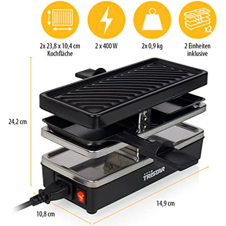 Tristar RA-2742 Raclette-Grill, für 4 Personen, 2 x 400 W, 23,8 x 10,4 cm, inkl. 4 Raclettepfännchen, schwarz – Bild 3