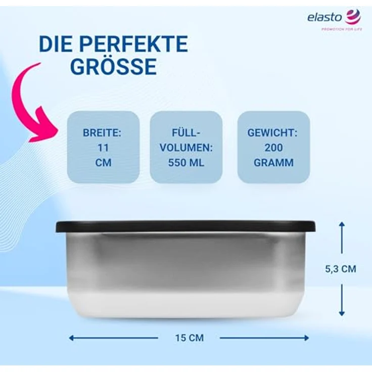 elasto Edelstahl Lunchbox RILO, Brotdose mit Glasdeckel, 550 ml, auslaufsicher, silber/blau, für Kinder & Erwachsene – Bild 3