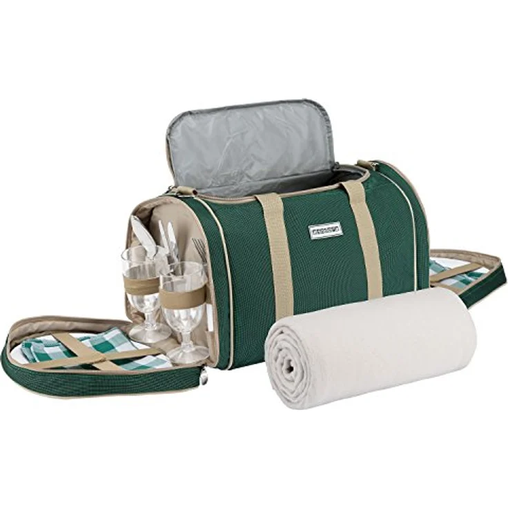 Anndora Picknick Kühltasche Decke Geschirr Besteck 4 Personen dunkelgrün beige – Bild 7