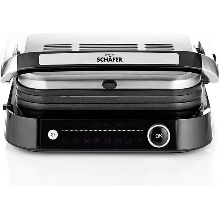 Elektronik SCHÄFER Kontaktgrill Kontaktgrill mit LED-Display schwarz, 2100W Leistung, 7 automatische Kochstufen, antihaftbeschichtete Grillplatten