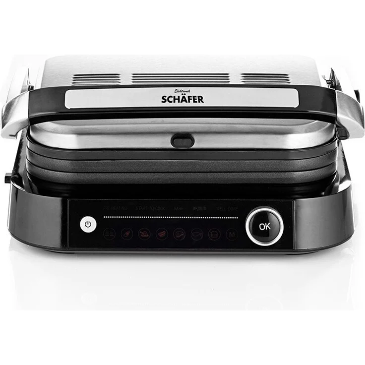 Elektronik SCHÄFER Kontaktgrill Kontaktgrill mit LED-Display schwarz, 2100W Leistung, 7 automatische Kochstufen, antihaftbeschichtete Grillplatten