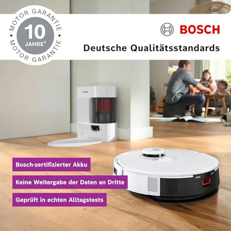 BOSCH Saugroboter Spotless + BCRD1W, Saug- und Wischroboter mit 11.000 Pa Saugkraft, beutellos, Infrarot Navigation, Carbon Bürste, Trocken-Servicestation – Bild 9