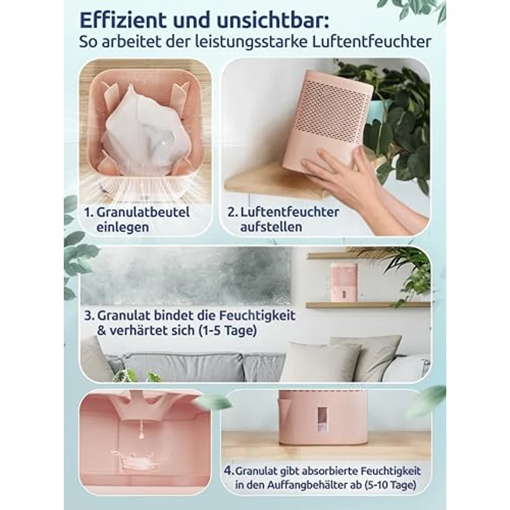 BonAura® AirOne Luftentfeuchter, stromlos bis 23m², 360° Belüftung, inkl. Ausgießer & 680g Granulat, idealer Raumentfeuchter gegen Schimmel – Bild 4