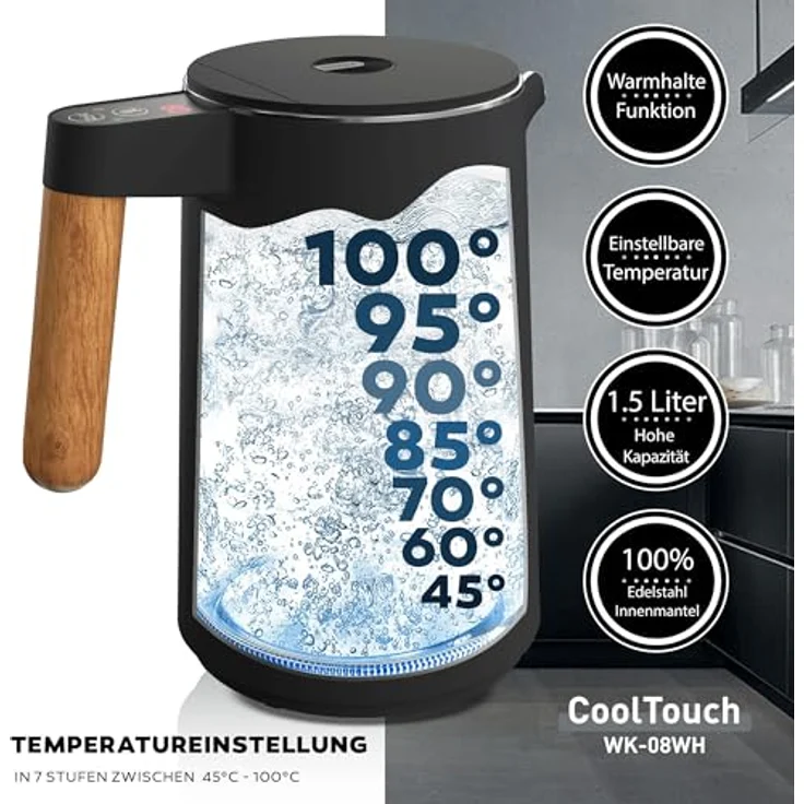 BALTER WK-08-BL Edelstahl-Wasserkocher, 2200W, 1,5L, doppelwandig, kabellos, Warmhaltefunktion, schwarz – Bild 5