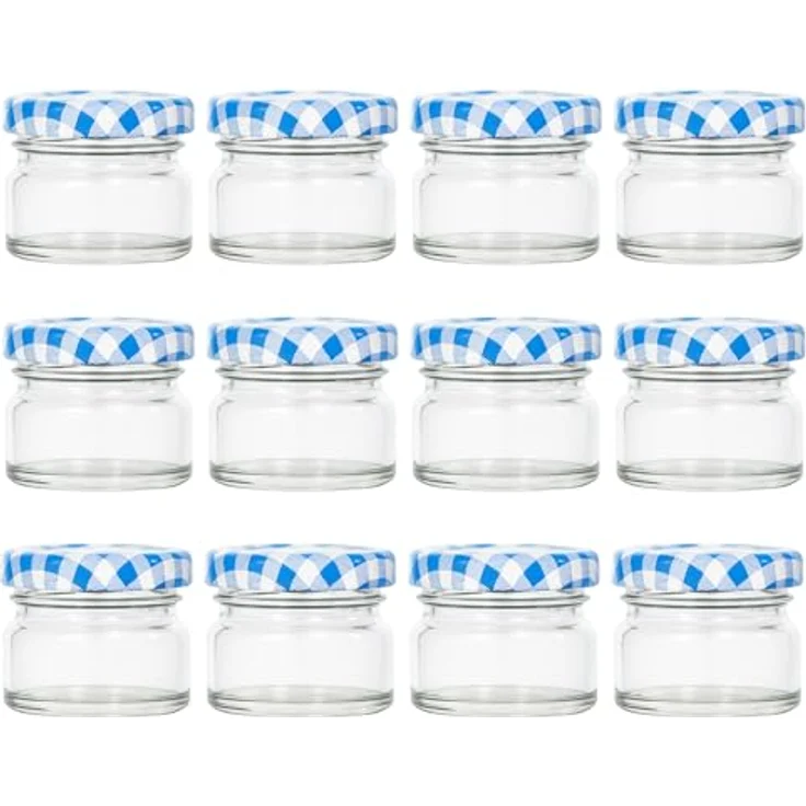hocz 12x Mini Marmeladengläser 30 ml, mit blau karierten Schraubdeckeln, luftdicht und spülmaschinenfest, Set für Marmelade und Einmachbedarf – Bild 1