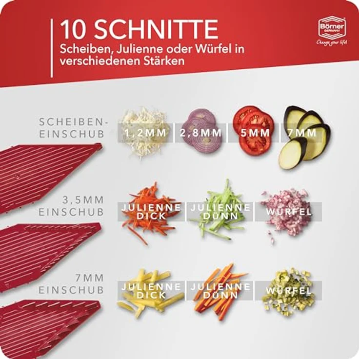 Börner Gemüsehobel V5 PowerLine Profi Set, Kunststoff, mit 2 Messereinschüben und Dockingstation rot – Bild 3