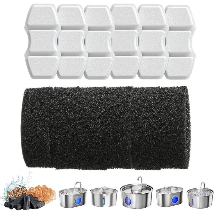 Ersatzfilter für Katzenwasserbrunnen, 6 Kohlefilter & 6 Schwämme, kompatibel mit MeowFlow Serie, weiß