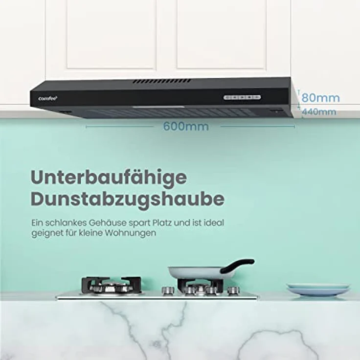 COMFEE' CHU 3.6F17BB 60cm Unterbauhauben Dunstabzugshaube Unterbau mit Edelstahl, abnehmbarem Aluminiumfilter, 200m³/h Luftstrom, 2 Stufen, 1 LED-Licht, Schwarz – Bild 2