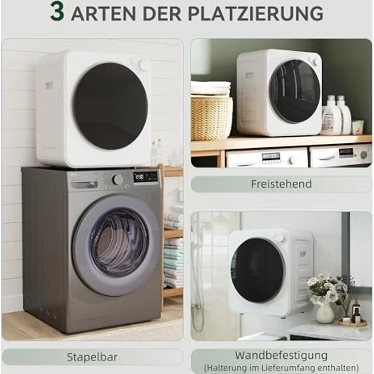 HOMCOM Waschtrockner B61-018V90WT, kompakt 4 kg, 5 Trockenprogramme, 60°C Heizzyklus, IPX4 Wasserschutz, Weiß – Bild 4