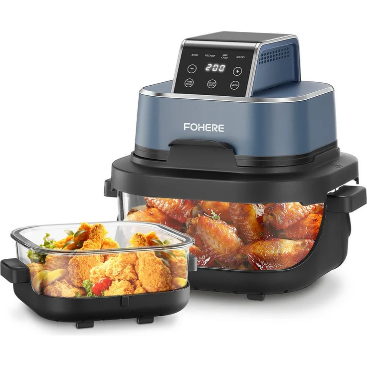FOHERE HeiГџluftfritteuse 4-in-1, 1500 W, 4L & 1.5L, 6 Portionen, mit Touchscreen und herausnehmbaren Glasbehältern, kompakt