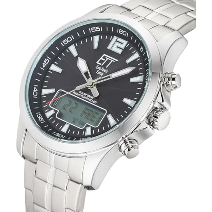 ETT Eco Tech Time EGA-11715-21M, Funk Solar Herren Uhr mit analogem Zifferblatt, digitalem Datum, Edelstahlarmband, wasserdicht bis 5 Bar, schwarz-silber – Bild 2