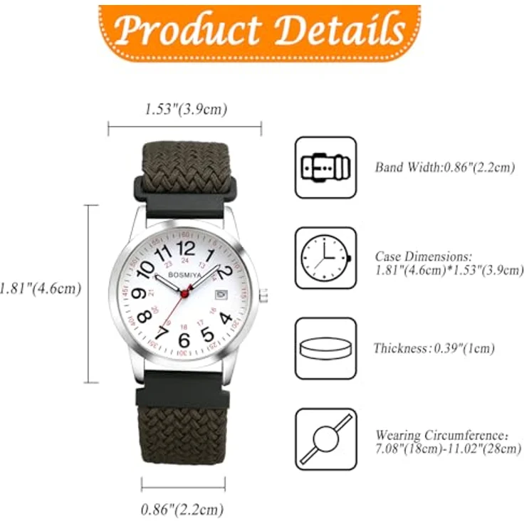 JewelryWe Geflochtene Elastische Damenuhr/Herrenuhr, Analog Quarz mit Kalender, grünes Gewebtes Stretcharmband, großes Zifferblatt mit 12/24 Stunden und Datumsanzeige – Bild 4
