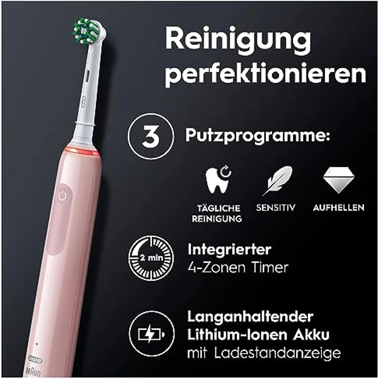 Oral-B Pro 3 3000 Cross Action Elektrische Zahnbürste/Electric Toothbrush, 2 Aufsteckbürsten, 3 Putzmodi & visueller 360° Andruckkontrolle für Zahnpflege, Designed by Braun, pink – Bild 5