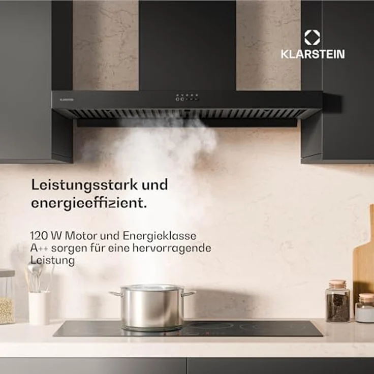 Klarstein AeroClean Dunstabzugshaube 90 cm, Wandhaube mit Boost-Modus 721 m³/h, A++ Energieeffizienz, LED-Beleuchtung 3800-4200 K, Drucktasten, Schwarz, Abluft & Umluft – Bild 3